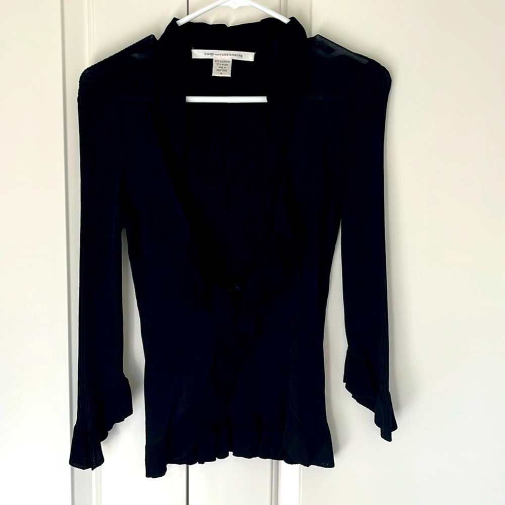Diane Von Furstenberg Open Front Black Cardigan Sweater, EUC